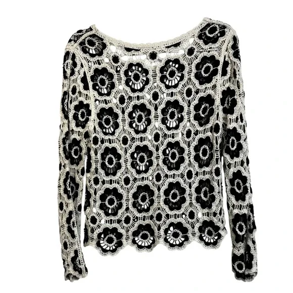ADIVA Black White Floral Crochet Granny Square Long Sleeve Sweater‎ Boho S - Picture 6 of 7